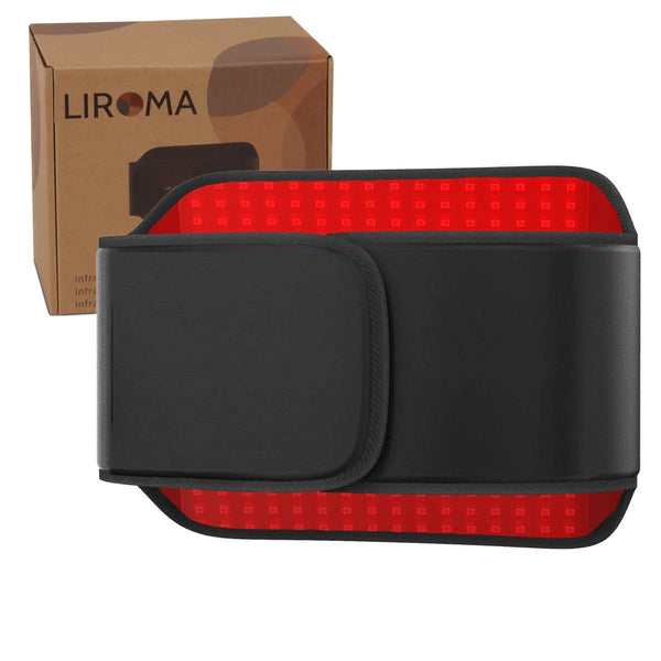 Liroma HeatPULSE rugband met infraroodwarmte, opengeklapt naast de verpakking