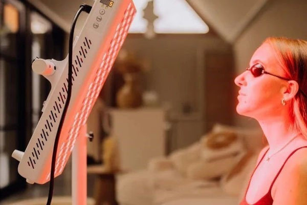 Vrouw met beschermbril houdt haar gezicht bij een rood oplichtend lichttherapiepaneel