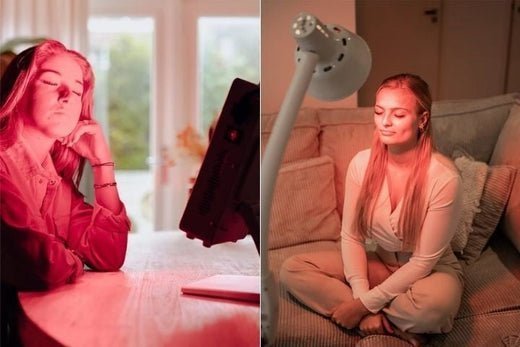 Tweeluik: links een vrouw bij een rood licht paneel op tafel, rechts een vrouw onder een infraroodlamp