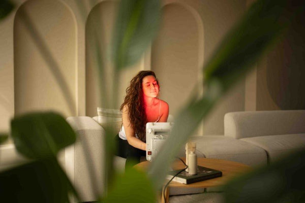 Vrouw met gesloten ogen in de woonkamer bij het rode licht van een lichttherapielamp