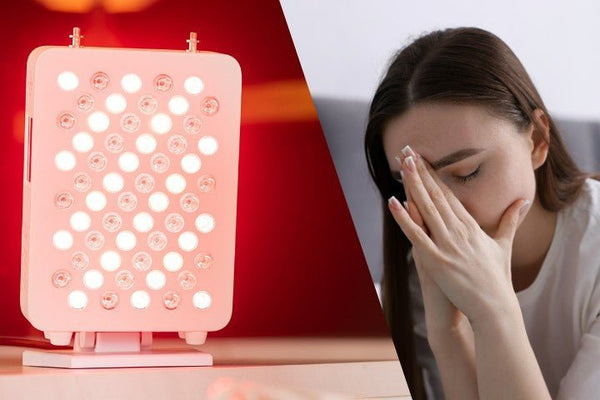 Tweeluik met een klein paneel voor lichttherapie en een vermoeide vrouw met haar hand voor haar gezicht