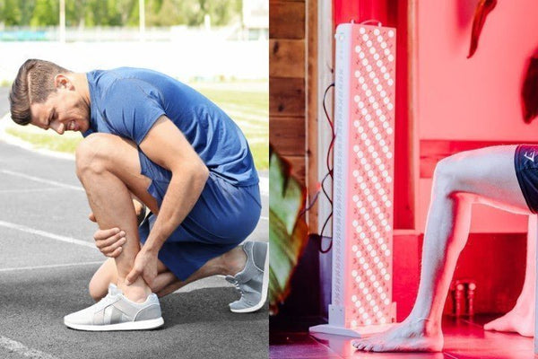 Tweeluik met een hardloper die naar zijn kuit grijpt en een staand lichttherapiepaneel bij blote benen
