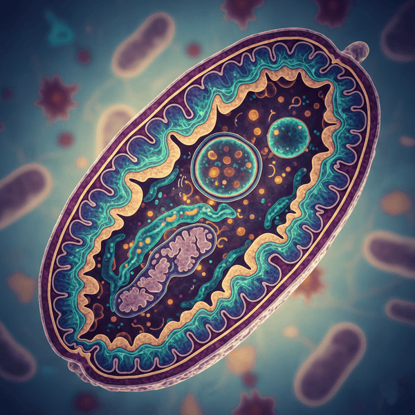 Illustratie van mitochondriën, met een doorsnede van de gevouwen binnenmembranen
