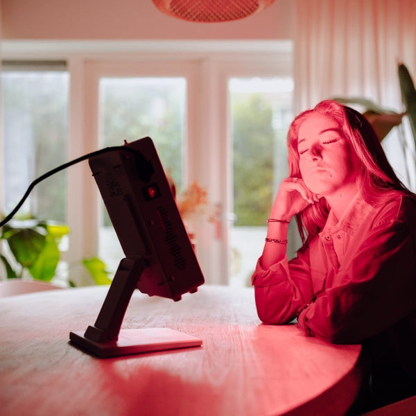 Vrouw met gesloten ogen aan tafel voor een klein rood licht therapie paneel gericht op haar gezicht