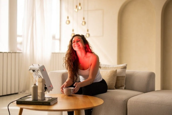 Lachende vrouw met een mok op de bank bij een klein rood licht therapie paneel op de salontafel