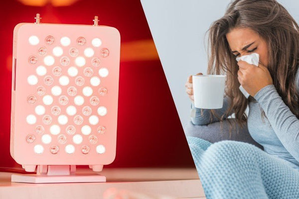 Tweeluik met een brandend rood licht therapie paneel en een verkouden vrouw met zakdoek en mok