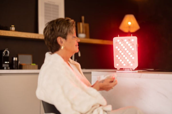 Vrouw met kort haar in badjas zit bij een brandend rood licht therapie paneel op het aanrecht
