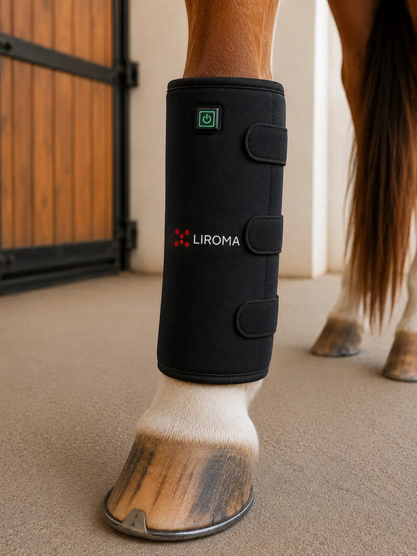 Liroma Flex sulla parte inferiore della gamba di un cavallo, fissata con tre cinghie in velcro