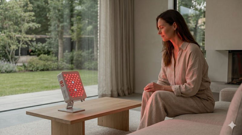 Vrouw gebruikt een compact rood licht paneel op de salontafel in de woonkamer