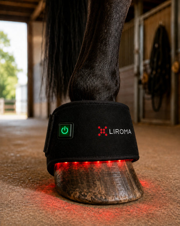 Primo piano di The Hoof sullo zoccolo di un cavallo scuro, luce rossa accesa nella stalla
