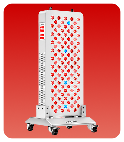 Liroma roodlichttherapie paneel met display op een verrijdbare standaard, leds branden rood