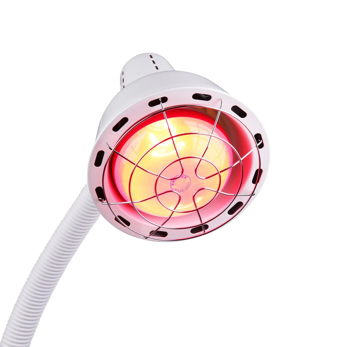 Close-up van de brandende lampkop van de Liroma infraroodlamp 506 met beschermrooster