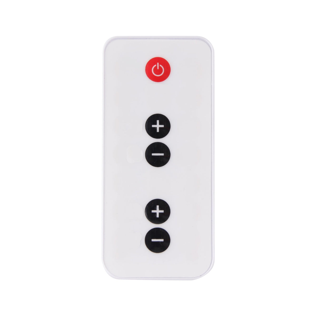 Afstandsbediening van de Liroma infraroodlamp 506 met aan-uitknop en knoppen voor temperatuur en timer