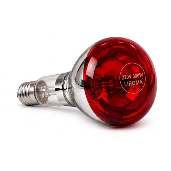 Losse LIROMA infraroodlamp met rode reflectorkap en schroeffitting, opdruk 220V 300W