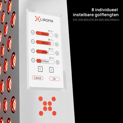 Touchscreen van een Liroma PrimeFORCE Gen5 roodlichtlamp waarop de 8 golflengten afzonderlijk instelbaar zijn