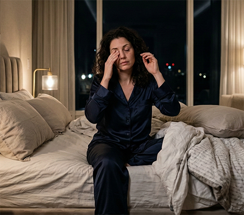 Vrouw in pyjama zit 's nachts op de rand van haar bed en wrijft in haar ogen