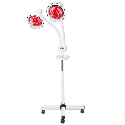 LIROMA infraroodlamp 507 met dubbele kop op een verrijdbare vloerstandaard, beide lampen branden