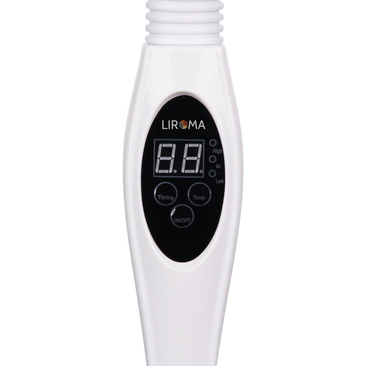 Bedieningspaneel van de Liroma infraroodlamp 506 met display, timer en drie warmtestanden
